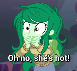 Size: 1174x1080 | Tagged: safe, edit, edited screencap, imported from derpibooru, screencap, wallflower blush, human, equestria girls, equestria girls series, forgotten friendship, caption, covering mouth, female, image macro, meme, oh no he's hot, pinpoint eyes, shocked, shocked expression, solo, spongebob squarepants, squilliam returns, text, wide eyes