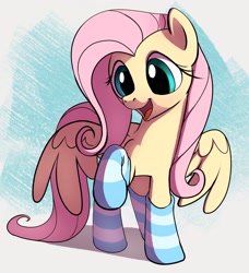 Size: 1524x1668 | Tagged: safe, artist:dotkwa, imported from derpibooru, fluttershy, pegasus, pony, clothes, cute, daaaaaaaaaaaw, female, looking at something, looking down, mare, open mouth, open smile, raised hoof, shyabetes, smiling, socks, solo, striped socks