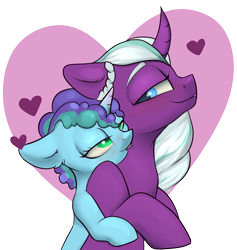 Size: 2200x2323 | Tagged: safe, artist:dumbwoofer, imported from derpibooru, opaline arcana, alicorn, pony, unicorn, spoiler:g5, bedroom eyes, biting, blushing, duo, ear fluff, female, g5, heart, heart background, hug, hug from behind, lesbian, looking back, mare, misty brightdawn, mistyline, neck biting, patreon, semi-incest, shipping, simple background, smiling, transparent background