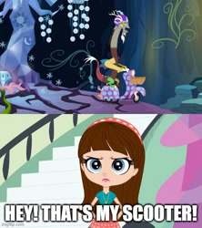 Size: 500x562 | Tagged: safe, edit, edited screencap, imported from derpibooru, screencap, discord, tree of harmony, draconequus, human, twilight's kingdom, blythe baxter, caption, crossover, image macro, imgflip, littlest pet shop, mystery box of plot importance, scooter, text