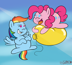 Size: 3110x2814 | Tagged: safe, artist:rupertbluefox, derpibooru exclusive, imported from derpibooru, pinkie pie, rainbow dash, earth pony, pegasus, pony, balloon, balloon riding, chibi, cute, dashabetes, diapinkes, duo, duo female, female, floating, flying, happy, lying down, motion lines, prone, signature, sky, smiling, that pony sure does love balloons, then watch her balloons lift her up to the sky, tongue out