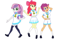 Size: 5698x3543 | Tagged: safe, alternate version, artist:gmaplay, imported from derpibooru, apple bloom, scootaloo, sweetie belle, human, equestria girls, alternate design, clothes, cutie mark crusaders, official, simple background, socks, thigh highs, transparent background, trio