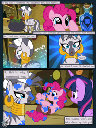 Size: 2048x2732 | Tagged: safe, artist:mommymidday, imported from derpibooru, pinkie pie, twilight sparkle, zecora, alicorn, earth pony, pony, zebra, adult foal, bags under eyes, butt, cauldron, comic, dialogue, diaper, drool, gasp, mental regression, messy, monologue, plot, potion, rhyme, safety pin, shocked, show accurate, swirly eyes, talking, tongue out, twilight sparkle (alicorn), zecora's hut