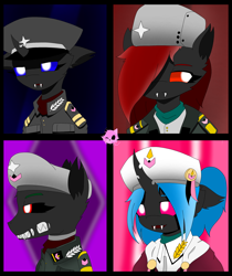 Size: 2296x2732 | Tagged: safe, imported from derpibooru, changeling, equestria at war mod, blue eyes, bust, clothes, glowing, glowing eyes, hair, hat, military, pink eyes, portrait, red changeling, red eyes, uniform, war