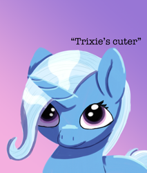 Size: 1700x2000 | Tagged: safe, artist:the crystal artist, derpibooru exclusive, imported from derpibooru, trixie, pony, unicorn, cute, dialogue, diatrixes, digital art, dilated pupils, female, gradient background, lineless, looking at you, looking up, looking up at you, mare, missing accessory, name, shading, smiling, smirk, solo, talking to viewer, text, third person