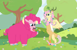 Size: 2949x1916 | Tagged: safe, artist:mlp-headstrong, imported from derpibooru, fluttershy, pinkie pie, draconequus, yak, cloven hooves, draconequified, duo, female, flutterequus, pinkie yak, species swap, yakified