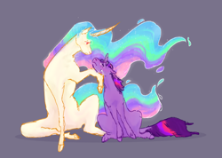 Size: 1280x911 | Tagged: safe, artist:birdcanart, imported from derpibooru, princess celestia, twilight sparkle, alicorn, pony, unicorn, cloven hooves, comforting, crying, duo, female, gray background, height difference, looking at each other, looking at someone, mare, momlestia, simple background, sitting, unicorn twilight