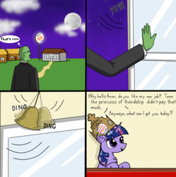 Size: 824x828 | Tagged: safe, artist:nismorose, imported from derpibooru, twilight sparkle, oc, oc:anon, alicorn, human, 4 panel comic, 4chan, bell, burger king, chest fluff, cloud, comic, crown, ear fluff, eye clipping through hair, female, hand, horn, house, indoors, jewelry, male, mare, meme, moon, outdoors, regalia, speech, speech bubble, starry night, talking, text, twilight sparkle (alicorn)