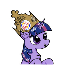 Size: 819x828 | Tagged: safe, artist:nismorose, imported from derpibooru, twilight sparkle, alicorn, pony, 4chan, burger king, bust, chest fluff, crown, ear fluff, eye clipping through hair, eyelashes, female, horn, jewelry, mare, meme, regalia, simple background, smiling, solo, twilight burgkle, twilight sparkle (alicorn), white background