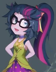 Size: 444x576 | Tagged: safe, edit, edited screencap, editor:luckreza8, imported from derpibooru, screencap, sci-twi, twilight sparkle, human, dance magic, equestria girls, spoiler:eqg specials, :d, ai content, ai generated, bare shoulders, female, generator:pinegraph, gray background, open mouth, open smile, simple background, sleeveless, smiling, solo