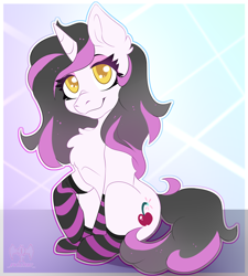 Size: 1800x2000 | Tagged: safe, artist:kwiateko, imported from derpibooru, oc, oc only, pony, unicorn, chest fluff, chibi, clothes, commission, cute, female, grey hair, pink hair, sitting, smiling, socks, solo, striped socks, yellow eyes