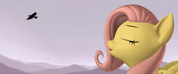 Size: 3840x1607 | Tagged: safe, artist:charismatic pony, imported from derpibooru, fluttershy, bird, pegasus, pony, 2.39:1, 3d, 4k, cinemascope, depth of field, ears, eyebrows, eyes closed, folded wings, high res, hill, looking left, mountain, open mouth, pink mane, revamped ponies, singing, sky, solo, source filmmaker, standing, wings, yellow skin