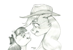 Size: 1473x1000 | Tagged: safe, artist:baron engel, imported from derpibooru, apple bloom, applejack, earth pony, pony, apple bloom's bow, apple sisters, applejack's hat, bow, cowboy hat, female, filly, foal, hair bow, hat, mare, monochrome, pencil drawing, siblings, sisters, story included, traditional art