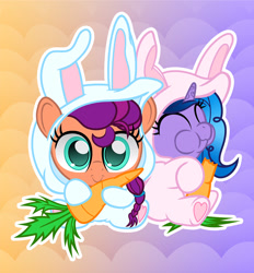 Size: 1159x1250 | Tagged: safe, artist:spellboundcanvas, imported from derpibooru, izzy moonbow, sunny starscout, earth pony, pony, unicorn, animal costume, bunny costume, bunny starscout, carrot, chewing, chibi, clothes, costume, cute, daaaaaaaaaaaw, duo, duo female, eating, female, food, g5, herbivore, izzybetes, mare, smol, sunny bunny, sunnybetes, weapons-grade cute