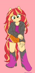 Size: 976x2048 | Tagged: safe, artist:leo19969525, imported from derpibooru, sunset shimmer, human, equestria girls, cute, ears, female, green eyes, looking at you, pink background, ponied up, shimmerbetes, simple background, solo