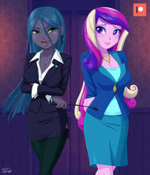 Size: 1000x1165 | Tagged: safe, artist:uotapo, imported from derpibooru, princess cadance, queen chrysalis, human, equestria girls, arm behind back, breasts, cleavage, clothes, dean cadance, ear piercing, earring, equestria girls-ified, fangs, jacket, jewelry, necklace, open mouth, pencil skirt, piercing, riding crop, skirt