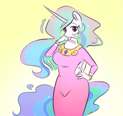 Size: 1017x964 | Tagged: safe, artist:smirk, imported from derpibooru, princess celestia, alicorn, anthro, clothes, cute, cutelestia, dress, female, hand on hip, mare, pink dress, simple background, solo, yellow background