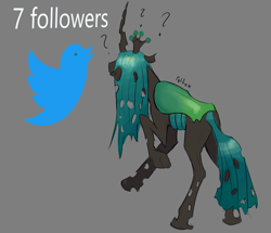 Size: 2510x2162 | Tagged: safe, artist:felfox, imported from derpibooru, queen chrysalis, changeling, changeling queen, crown, female, gray background, jewelry, meta, question mark, raised hoof, regalia, simple background, solo, twitter