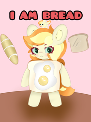 Size: 1080x1440 | Tagged: safe, artist:sodapop sprays, imported from derpibooru, oc, oc:bricc, oc:sodapop sprays, pegasus, pony, semi-anthro, bread, bread costume, bricc, clothes, costume, egg, female, food, food costume, looking at you, mare, standing