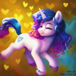 Size: 2030x2030 | Tagged: safe, artist:jewellier, imported from derpibooru, izzy moonbow, pony, unicorn, abstract background, ai assisted, ai content, eyes closed, female, floating, g5, generator:purplesmart.ai, generator:stable diffusion, heart, horn, mare, solo, sunlight