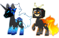 Size: 5994x3827 | Tagged: safe, artist:crazysketch101, imported from derpibooru, oc, oc only, oc:fearbox, oc:monsoon, cyborg, pegasus, pony, unicorn, duo, object head, ponified, protogen, simple background, television, transparent background