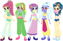 Size: 904x594 | Tagged: safe, artist:elsie1234, imported from derpibooru, indigo zap, lemon zest, sour sweet, sugarcoat, sunny flare, human, equestria girls, arabian, base used, belly dancer, belly dancer outfit, clothes, dress, female, group, quintet, shadow five, simple background, singing belly dancing rainbooms, veil, white background