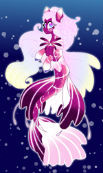 Size: 3717x6207 | Tagged: safe, artist:crazysketch101, imported from derpibooru, oc, oc only, merpony, pony, sea pony, seapony (g4), blue background, bubble, chest fluff, digital art, dorsal fin, female, fin wings, fins, fish tail, flowing mane, flowing tail, high res, looking at you, mare, ocean, purple eyes, simple background, smiling, smiling at you, solo, swimming, tail, underwater, water, wings