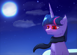 Size: 817x588 | Tagged: safe, artist:gosha305, derpibooru exclusive, imported from derpibooru, twilight sparkle, unicorn, ponies of dark water, bust, clothes, female, moon, night, night sky, portrait, red eyes, scarf, sky, solo, stars