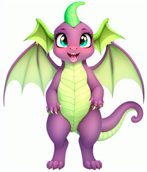 Size: 768x896 | Tagged: safe, imported from derpibooru, spike, dragon, ai content, ai generated, generator:stable diffusion, male, open mouth, open smile, simple background, smiling, solo, white background, winged spike, wings