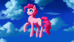 Size: 1024x576 | Tagged: safe, imported from derpibooru, pinkie pie, earth pony, pony, ai content, ai generated, female, generator:stable diffusion, mare, raised hoof, sky background, solo