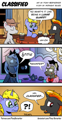 Size: 1230x2395 | Tagged: safe, artist:pony-berserker, imported from derpibooru, princess luna, oc, oc:final drive, oc:longhaul, oc:shadowed ember, alicorn, earth pony, pony, unicorn, cider, cider mug, comic, crossdressing, dialogue, dressup, exclamation point, food, glasses, glowing, glowing horn, hat, helmet, horn, interrobang, lipstick, magic, magic aura, makeup, mug, night guard, onomatopoeia, question mark, sound effects, speech bubble, tea, tea party, telekinesis, thought bubble