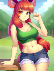 Size: 1020x1360 | Tagged: safe, editor:sammykun, imported from derpibooru, apple bloom, human, equestria girls, adorasexy, ai content, ai generated, belly button, breasts, busty apple bloom, clothes, cute, denim, denim shorts, female, generator:novelai, generator:stable diffusion, grass, looking at you, midriff, older, older apple bloom, sexy, shorts, sleeveless, smiling, solo, table, tanktop, tree, wood