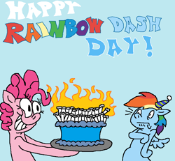 Size: 802x740 | Tagged: safe, artist:dragonboi471, artist:rainbowdashsmailbag, imported from derpibooru, pinkie pie, rainbow dash, earth pony, pegasus, pony, birthday cake, birthday candles, blue background, cake, candle, cyan background, duo, duo female, female, fire, food, hat, holding, party hat, rainbow dash day, simple background, text