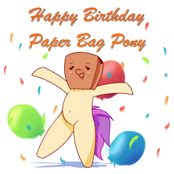 Size: 2480x2480 | Tagged: safe, artist:darmetyt, imported from derpibooru, oc, oc:paper bag, earth pony, pony, balloon, belly button, bipedal, birthday, confetti, cute, happy, ocbetes, open mouth, open smile, smiling