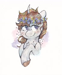 Size: 2779x3355 | Tagged: safe, artist:lightisanasshole, imported from derpibooru, oc, oc only, oc:dorm pony, kirin, pony, unicorn, blushing, brown mane, bust, floral head wreath, flower, flower in hair, horn, purple eyes, simple background, solo, traditional art, unicorn oc, watercolor painting, white background