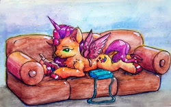 Size: 3010x1896 | Tagged: safe, artist:itssim, imported from derpibooru, sunny starscout, earth pony, pony, bag, cardboard wings, cheek fluff, chest fluff, couch, ear fluff, fake alicorn, fake horn, fake wings, g5, horn, lying down, on couch, prone, reading, saddle bag, solo, traditional art, unshorn fetlocks, wings