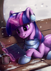 Size: 1500x2100 | Tagged: safe, artist:camyllea, imported from derpibooru, twilight sparkle, alicorn, pony, bench, book, clothes, cup, earmuffs, glowing, glowing horn, horn, lacrimal caruncle, lying down, magic, magic aura, prone, scarf, snow, snowfall, solo, telekinesis, twilight sparkle (alicorn), winter, winter outfit