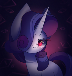 Size: 2100x2200 | Tagged: safe, artist:miryelis, imported from derpibooru, rarity, pony, unicorn, big ears, dark, horn, impossibly large ears, looking at you, one eye closed, red eyes, simple background, smiling, smiling at you, solo
