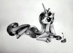 Size: 7504x5496 | Tagged: artist needed, safe, imported from derpibooru, princess cadance, alicorn, pony, crown, folded wings, grayscale, hoof shoes, jewelry, looking at you, lying down, monochrome, pencil drawing, peytral, photo, princess shoes, prone, regalia, slim, smiling, solo, thin, traditional art, turned head, wings