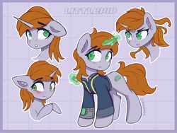 Size: 4000x3000 | Tagged: safe, artist:stravy_vox, imported from derpibooru, oc, oc only, oc:littlepip, unicorn, fallout equestria, abstract background, angry, clothes, embarrassed, jumpsuit, magic, pipbuck, telekinesis, vault suit
