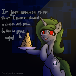 Size: 2048x2048 | Tagged: safe, artist:darbedarmoc, imported from derpibooru, oc, oc:minerva, pony, unicorn, bipedal, cheese, dialogue, food, looking at you, red eyes, solo, standing, standing on two hooves