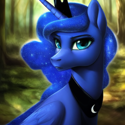 Size: 1280x1280 | Tagged: safe, derpibooru exclusive, editor:dovakkins, imported from derpibooru, princess luna, alicorn, pony, ai content, ai generated, ethereal mane, female, forest background, galaxy mane, generator:stable diffusion, grumpy, jewelry, looking at you, luna is not amused, peytral, regalia, solo, unamused, wings