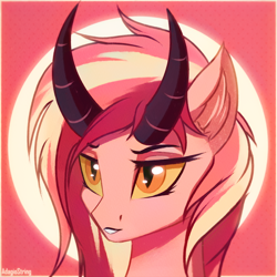 Size: 2000x2000 | Tagged: safe, artist:adagiostring, imported from derpibooru, oc, oc only, pony, bust, commission, commission open, cute, devil horns, female, glowing, headshot commission, horns, looking forward, orange eyes, pink hair, pink mane, portrait, sexy, simple background, solo