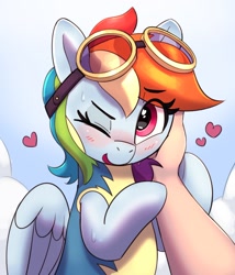 Size: 1274x1491 | Tagged: safe, artist:pabbley, imported from derpibooru, rainbow dash, human, pegasus, pony, blushing, clothes, cute, dashabetes, female, floating heart, goggles, goggles on head, hand, hand on face, heart, human on pony petting, looking at you, mare, offscreen character, one eye closed, petting, pov, smiling, smiling at you, solo focus, sweat, uniform, wonderbolt trainee uniform