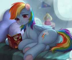 Size: 2711x2240 | Tagged: safe, artist:hirichie, imported from derpibooru, rainbow dash, pegasus, pony, bedroom, blushing, book, butt, cute, dashabetes, digital art, female, frog (hoof), g4, hoofbutt, light, mare, plot, rainbutt dash, room, smiling, solo, underhoof, wings