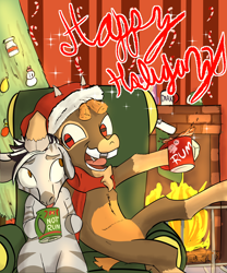Size: 2500x3000 | Tagged: safe, artist:skunkstripe, imported from derpibooru, ribbon (tfh), shanty (tfh), goat, zebra, art pack:hooves n' holidays, them's fightin' herds, alcohol, beard, candy, candy cane, chair, christmas, christmas stocking, christmas tree, clothes, cloven hooves, community related, drinking, facial hair, fire, fireplace, food, gap teeth, happy holidays, hat, holiday, horizontal pupils, horns, lapping, mug, ornaments, santa hat, scarf, tree