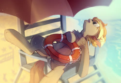 Size: 1280x885 | Tagged: safe, artist:astralblues, imported from derpibooru, oc, oc only, earth pony, pony, beach, belly, belly button, blurry background, colored, depth of field, drool, life preserver, lifeguard shack, lighting, lying down, on back, open mouth, shadow, sleeping, snoring, solo, sunglasses, underhoof, water