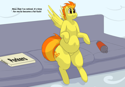 Size: 3268x2271 | Tagged: safe, artist:lupin quill, imported from derpibooru, spitfire, pegasus, pony, series:retirement (weight gain), belly, belly button, bottle, chubby, couch, dialogue, fat, fat fetish, fetish, fupa, grin, pizza box, sitting, smiling, soda bottle, solo, spitfatty, spread wings, this will end in weight gain, vulgar, wingboner, wings