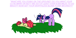 Size: 1583x800 | Tagged: safe, artist:somedigitalartist, imported from derpibooru, apple bloom, twilight sparkle, earth pony, pony, unicorn, apple bloom's bow, blank flank, bow, dialogue, drill instructor, duo, faceplant, female, filly, floppy ears, foal, grass, grass field, hair bow, lying down, mare, missing cutie mark, prone, simple background, sploot, text, unicorn twilight, white background, yelling