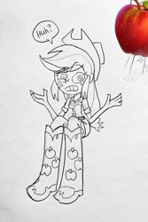 Size: 684x1024 | Tagged: artist needed, safe, imported from derpibooru, applejack, human, equestria girls, apple, confused, food, frown, looking at you, solo, traditional art